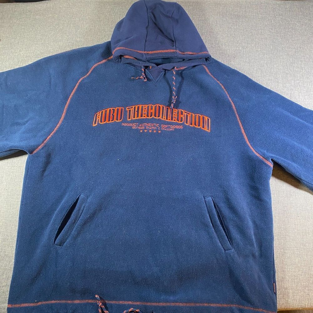 Vintage Fubu Oversized Fleece Hoodie Mens XL Navy Blue The Collection Y2K